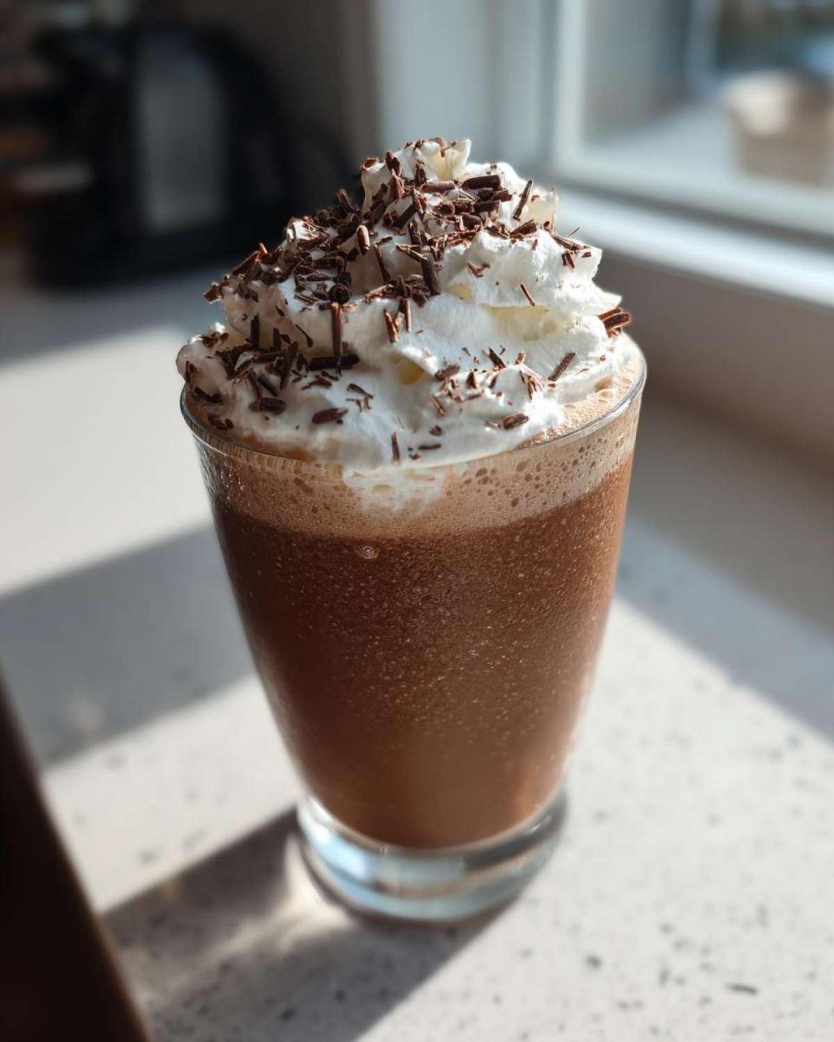 A tall glass of blended frozen hot chocolate topped with whipped cream and chocolate shavings.