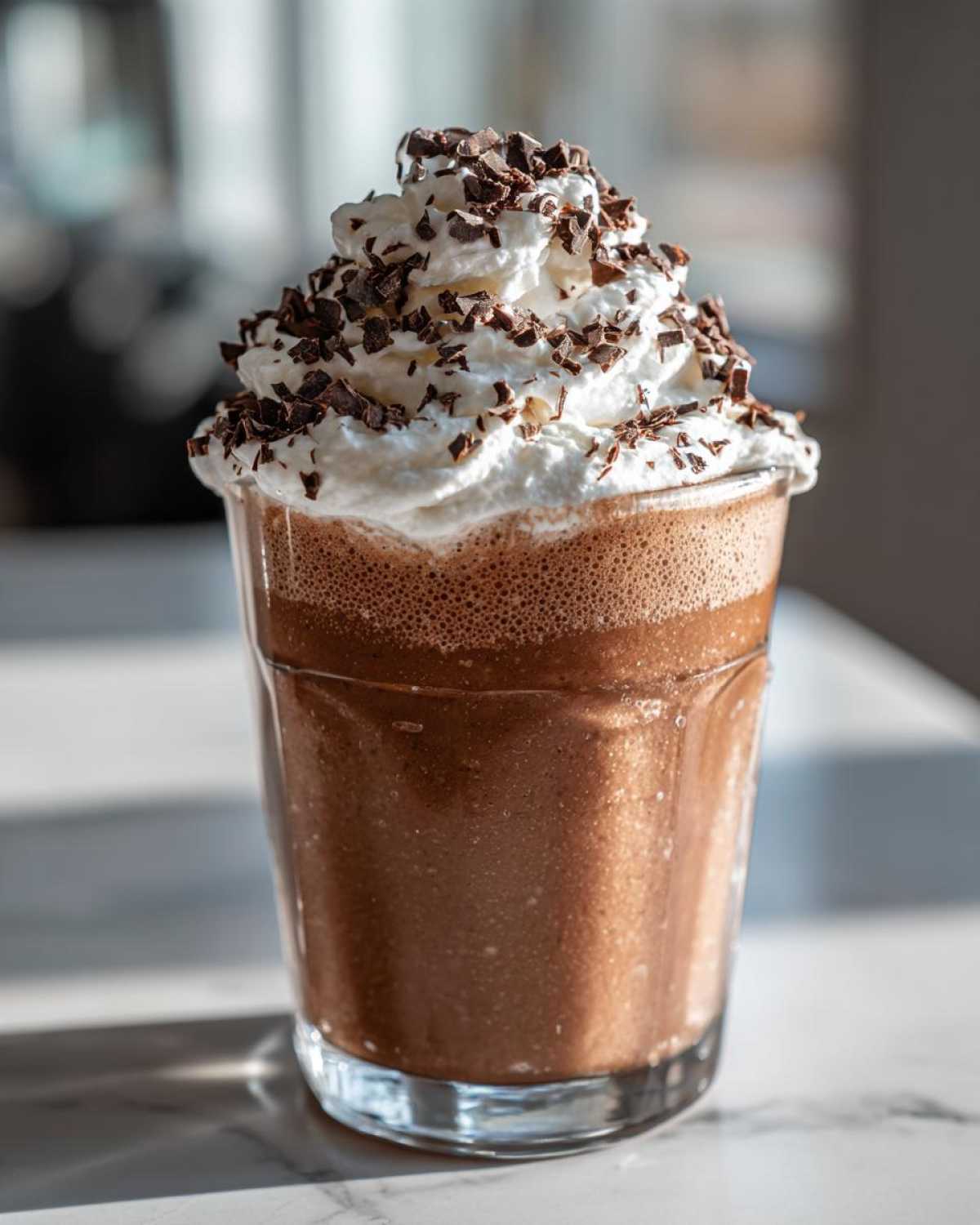A tall glass filled with rich, blended frozen hot chocolate topped with whipped cream and chocolate shavings.