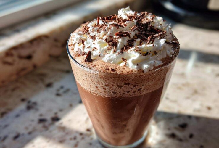 A tall glass of rich frozen hot chocolate topped with whipped cream and chocolate shavings.