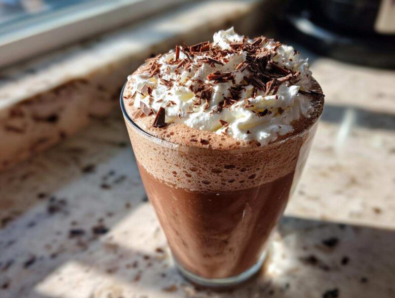 A tall glass of rich frozen hot chocolate topped with whipped cream and chocolate shavings.