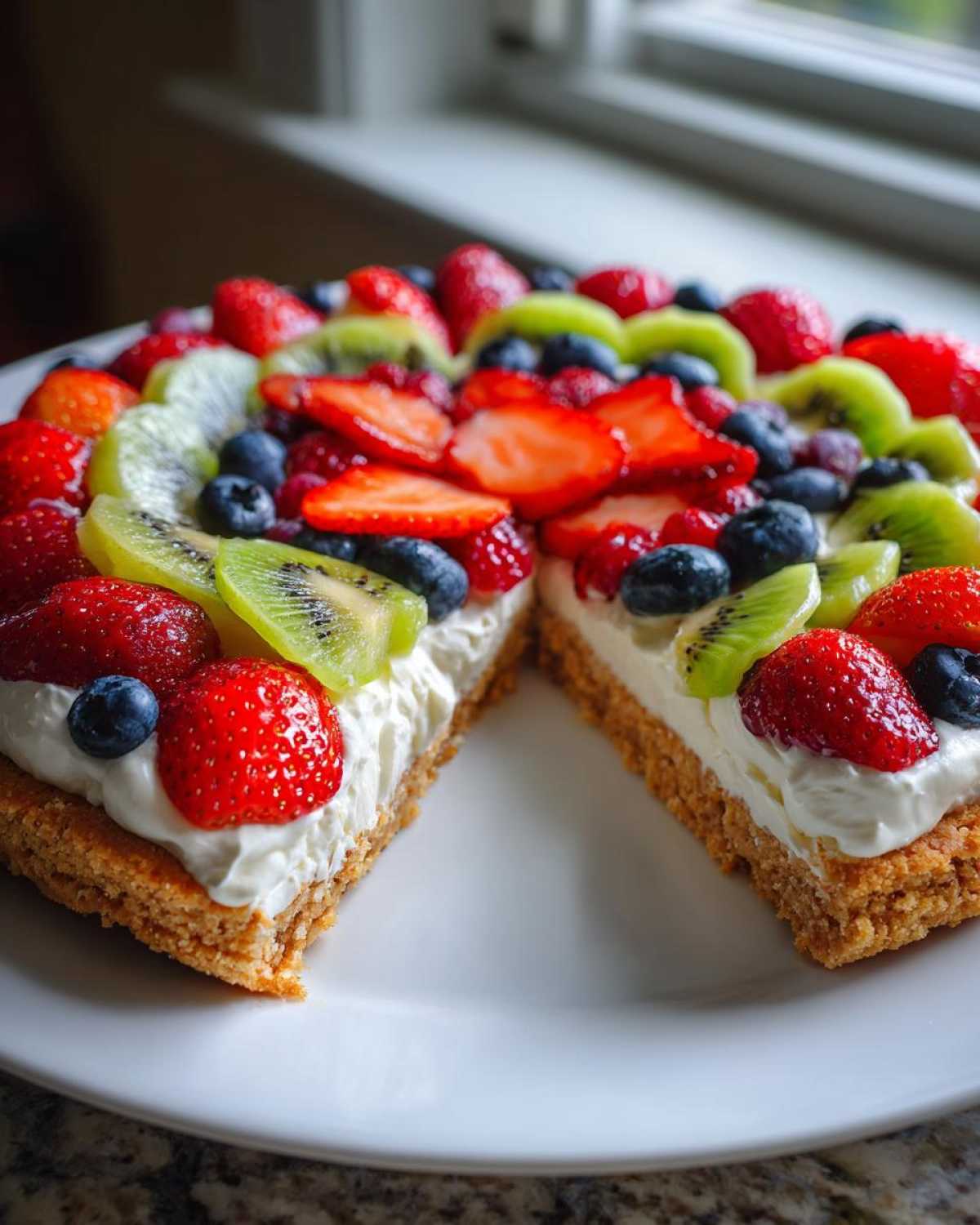 A close-up of a fruit pizza sugar cookie topped with cream cheese frosting, strawberries, kiwi, and blueberries.