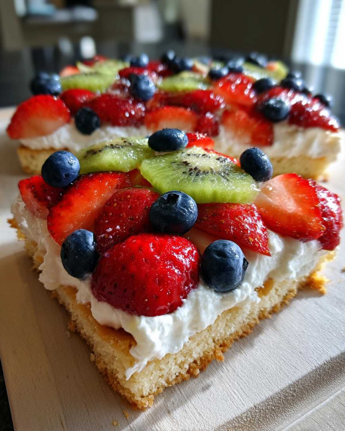 Close-up of a slice of fruit pizza sugar cookie topped with whipped cream, strawberries, kiwi, and blueberries.