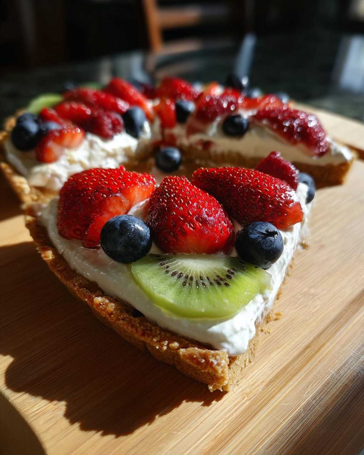 Close-up of a slice of fruit pizza sugar cookie topped with cream cheese frosting, strawberries, blueberries, and kiwi.