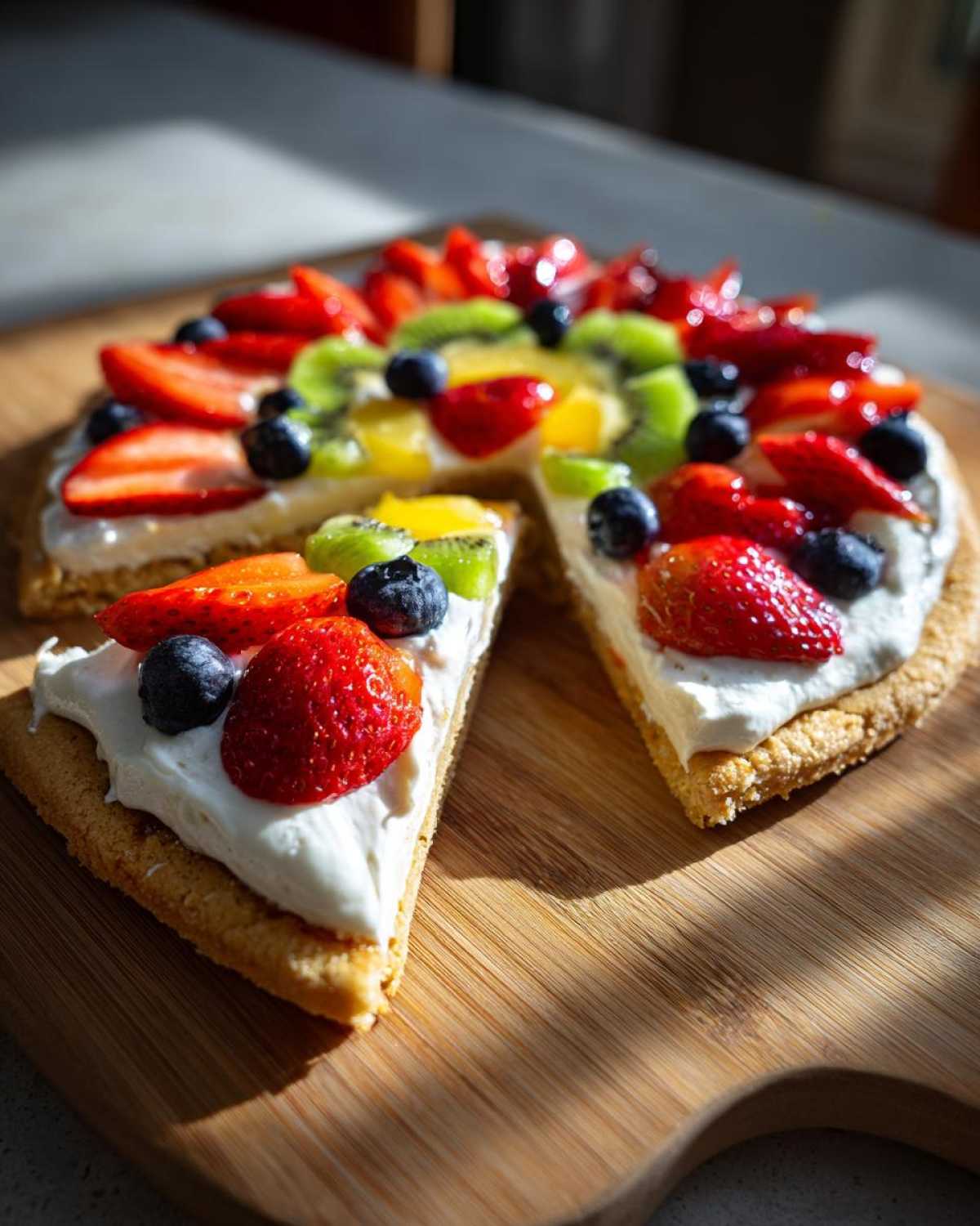 A sliced fruit pizza sugar cookie topped with cream cheese frosting, strawberries, blueberries, and kiwi.