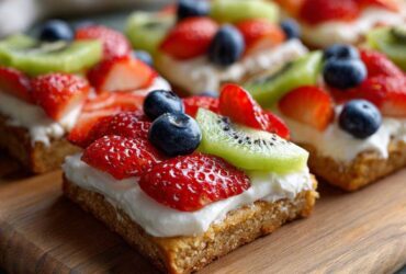 Close-up of a square fruit pizza sugar cookie topped with cream cheese frosting, strawberries, kiwi, and blueberries.