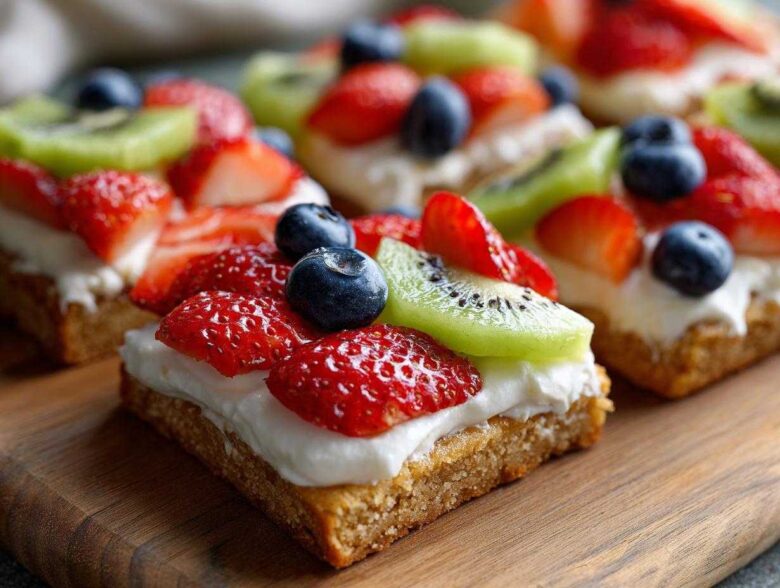 Close-up of a square fruit pizza sugar cookie topped with cream cheese frosting, strawberries, kiwi, and blueberries.