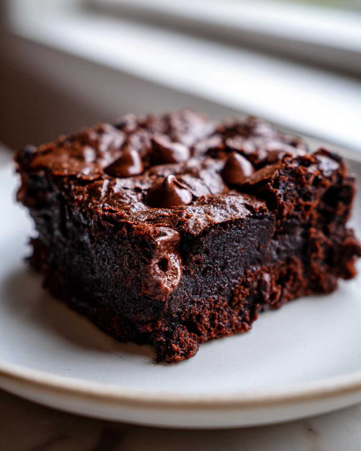 Close-up of a fudgy, dark chocolate black bean brownies square topped with melted chocolate chips.