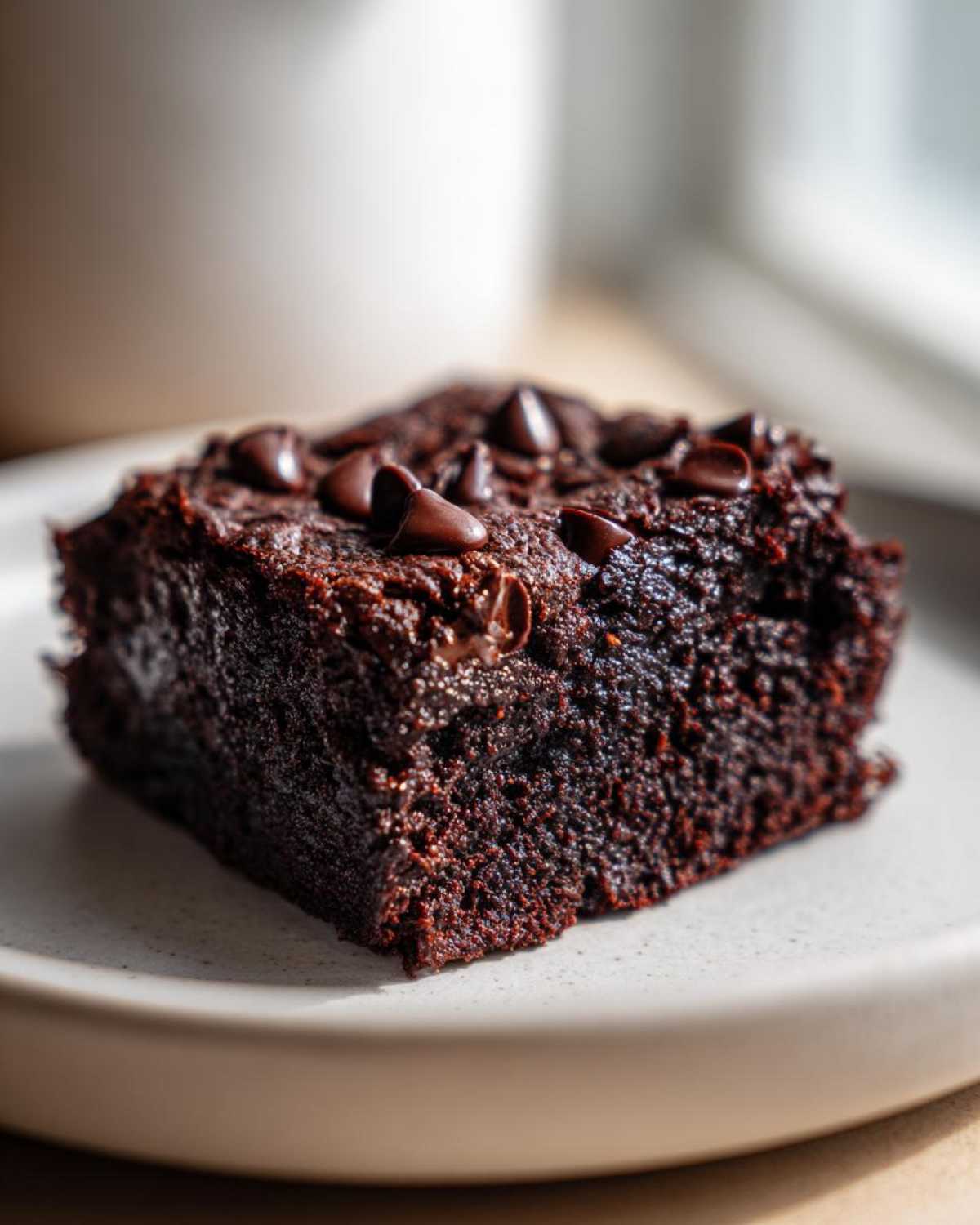 Close-up of a fudgy slice of black bean brownies topped with melted chocolate chips on a light plate.