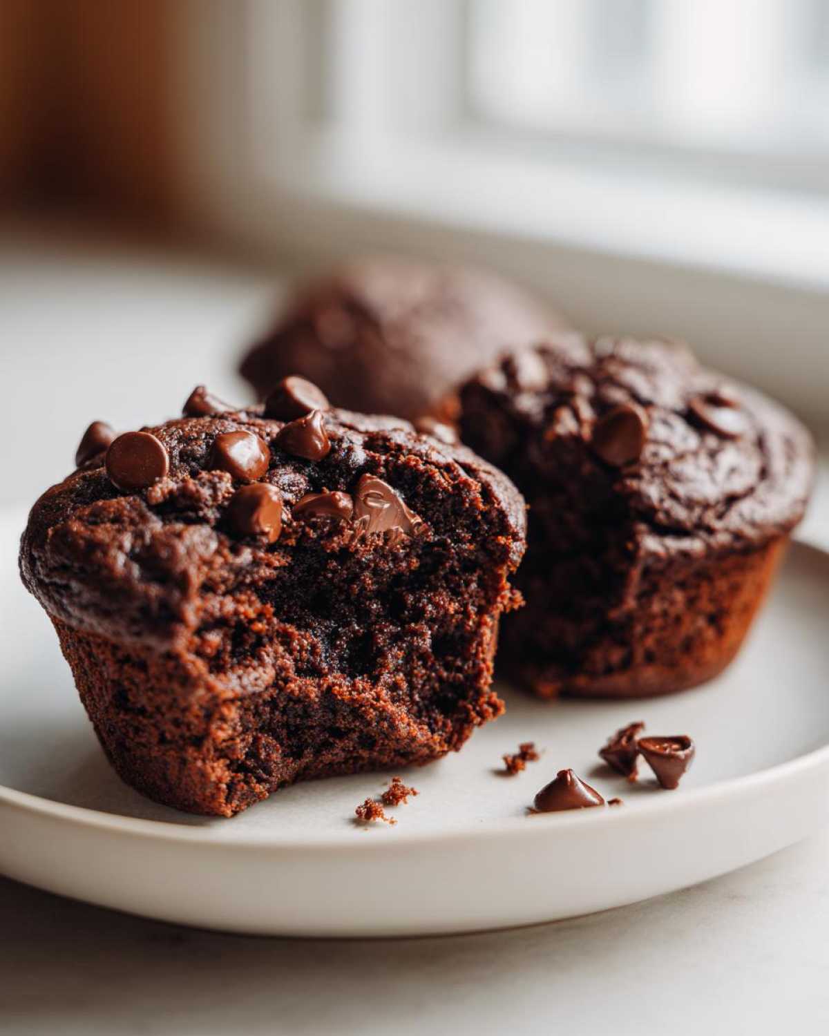 Close-up of a fudgy chocolate zucchini muffin broken open, showing moist interior and chocolate chips.