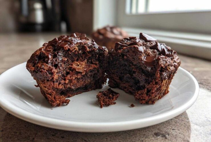 Close-up of fudgy chocolate zucchini muffins cut in half showing moist interior and chocolate chips.