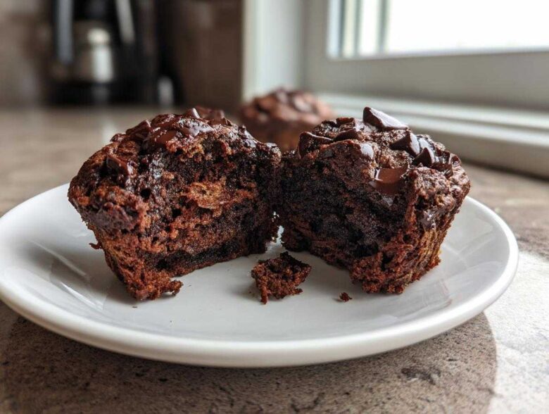 Close-up of fudgy chocolate zucchini muffins cut in half showing moist interior and chocolate chips.