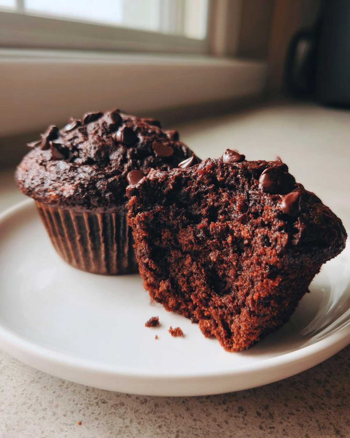Close-up of a fudgy chocolate zucchini muffin cut in half showing the moist interior and chocolate chips.