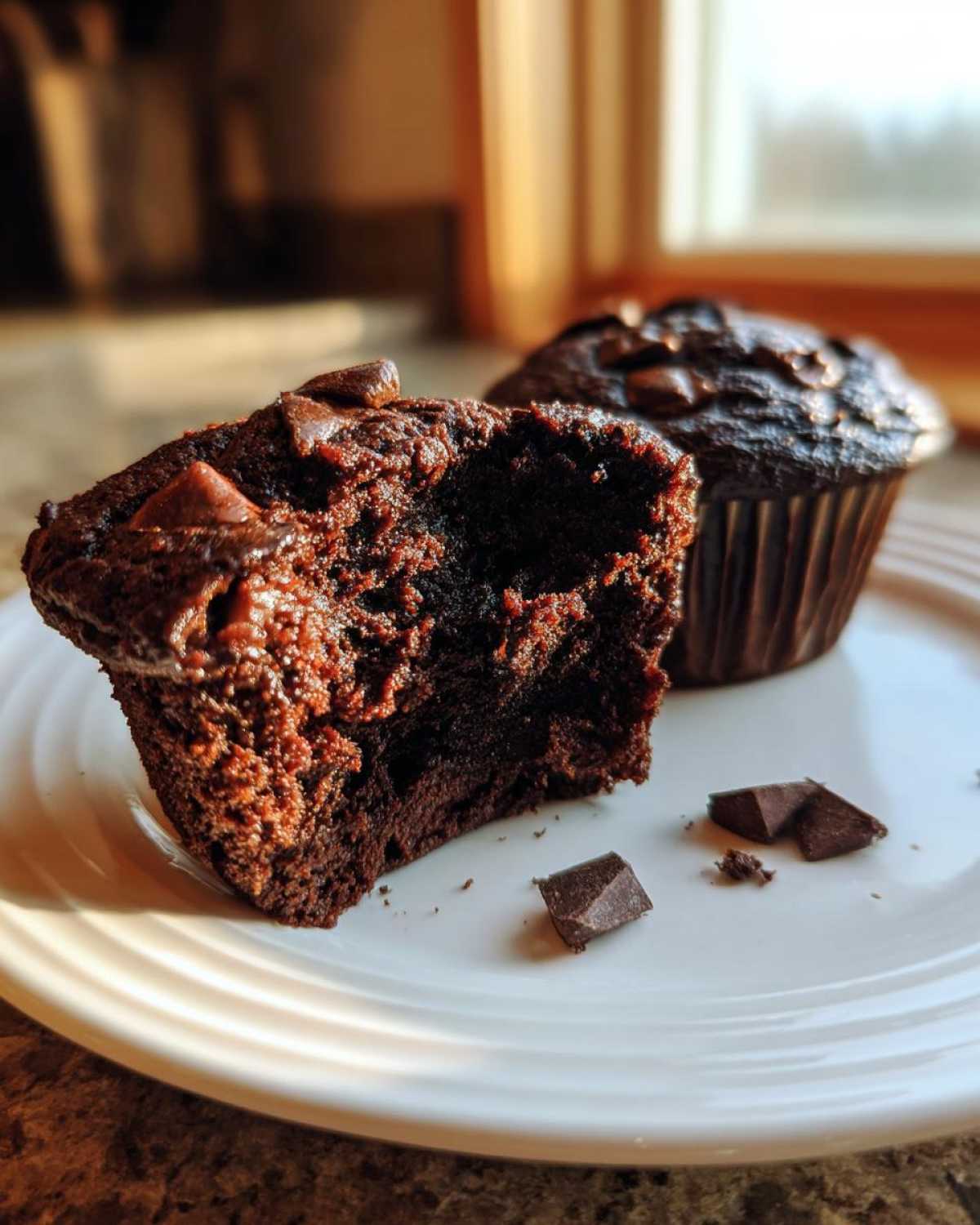 Close-up of a fudgy chocolate zucchini muffin cut in half showing the moist interior and chocolate chips.