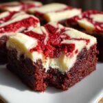 Close-up of fudgy red velvet brownies topped with a cream cheese swirl, one piece has a bite taken out.