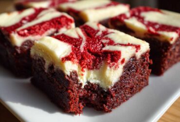 Close-up of fudgy red velvet brownies topped with a cream cheese swirl, one piece has a bite taken out.