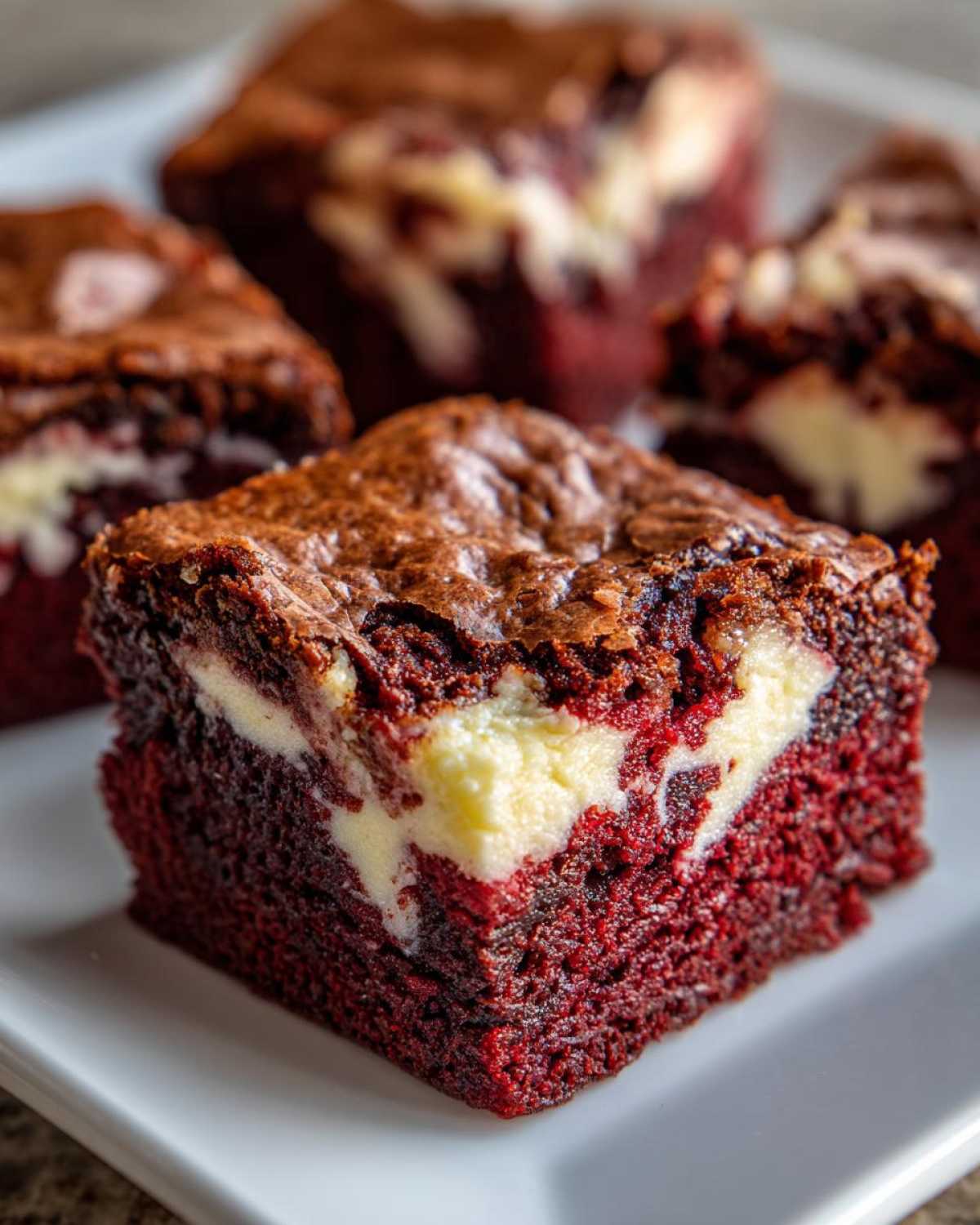 Close-up of a fudgy red velvet brownies square featuring a bright cream cheese swirl.