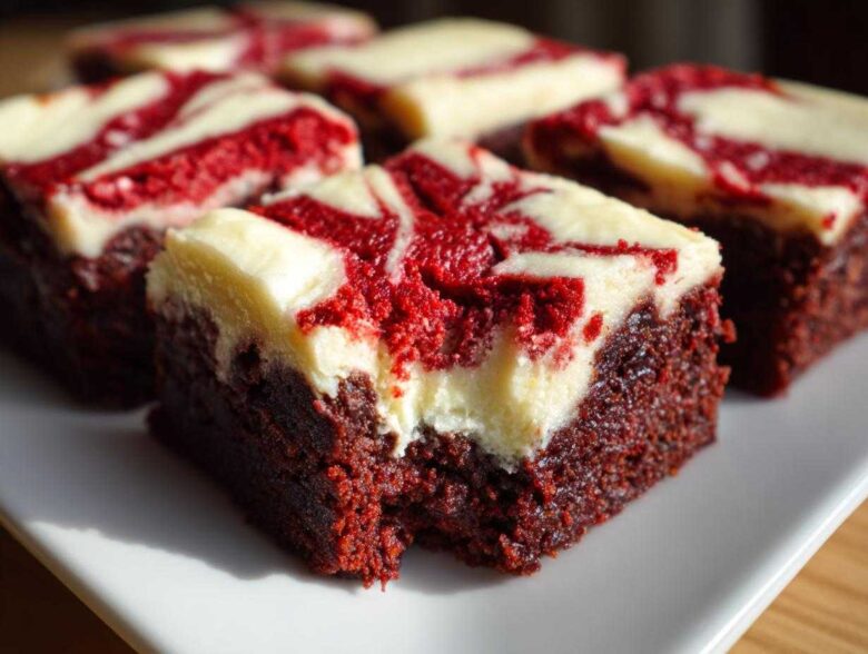 Close-up of fudgy red velvet brownies topped with a cream cheese swirl, one piece has a bite taken out.