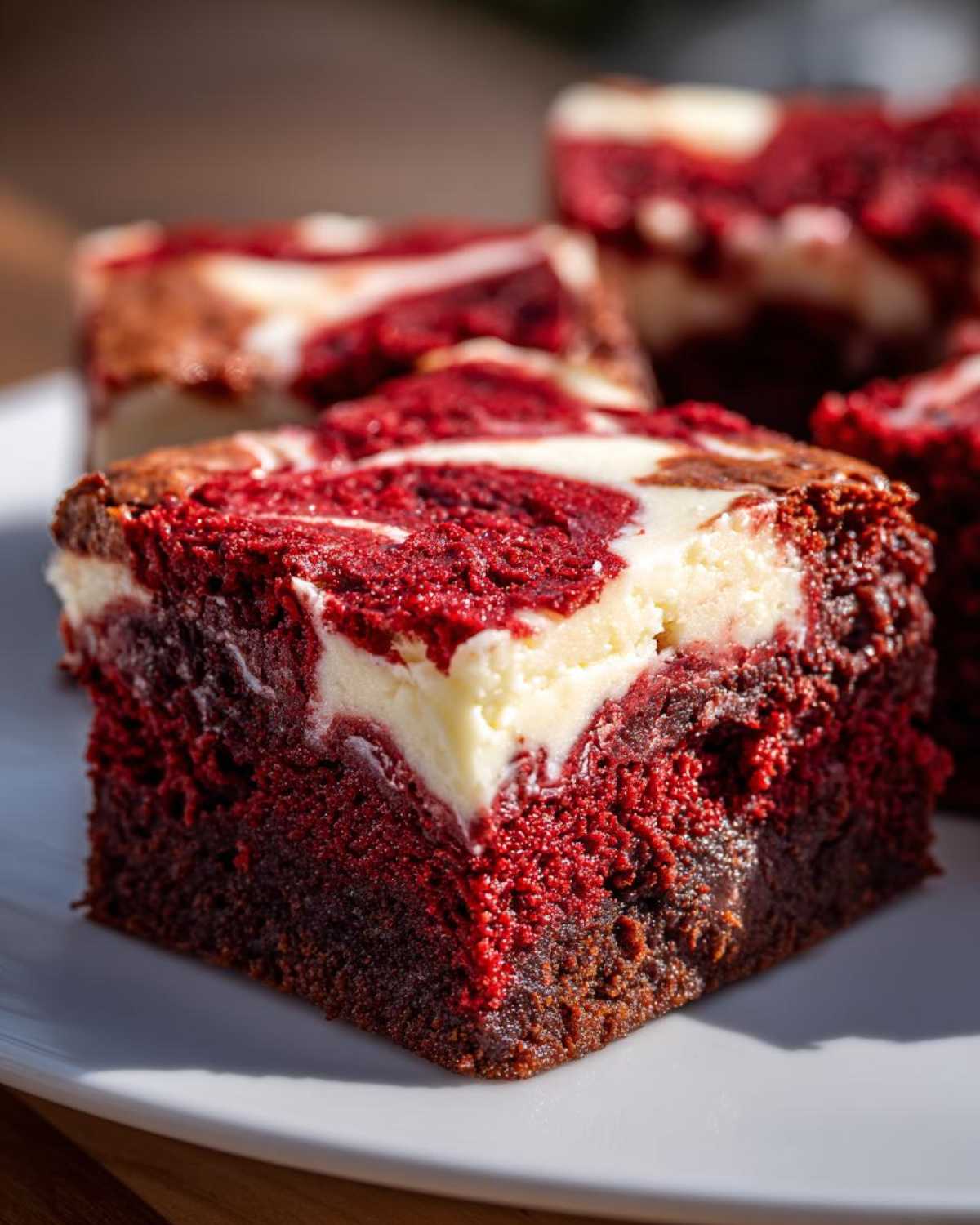 Close-up of a fudgy red velvet brownies square with a rich cream cheese swirl topping.