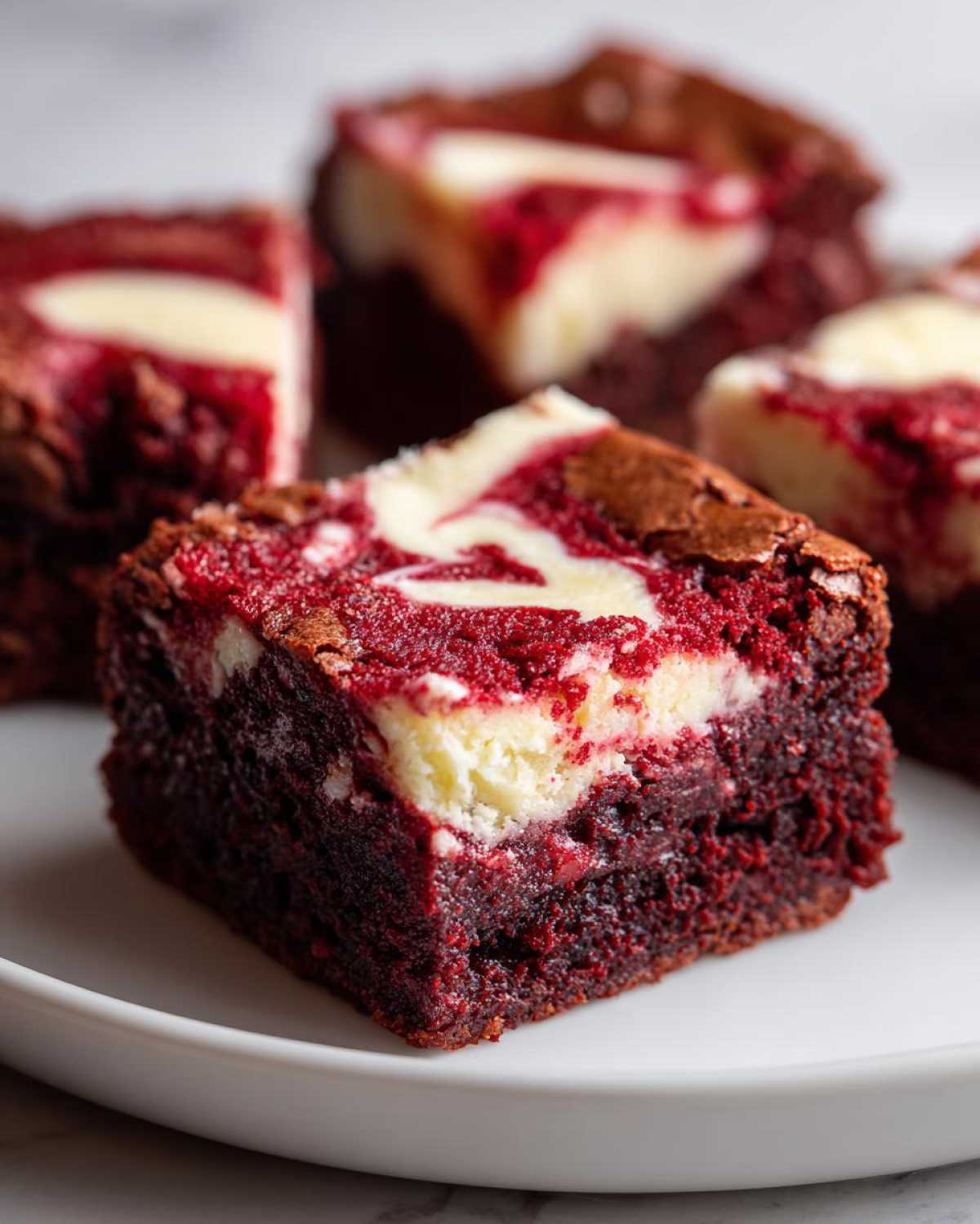 A close-up, fudgy square of red velvet brownies featuring a bright red base and a creamy white cheesecake swirl topping.