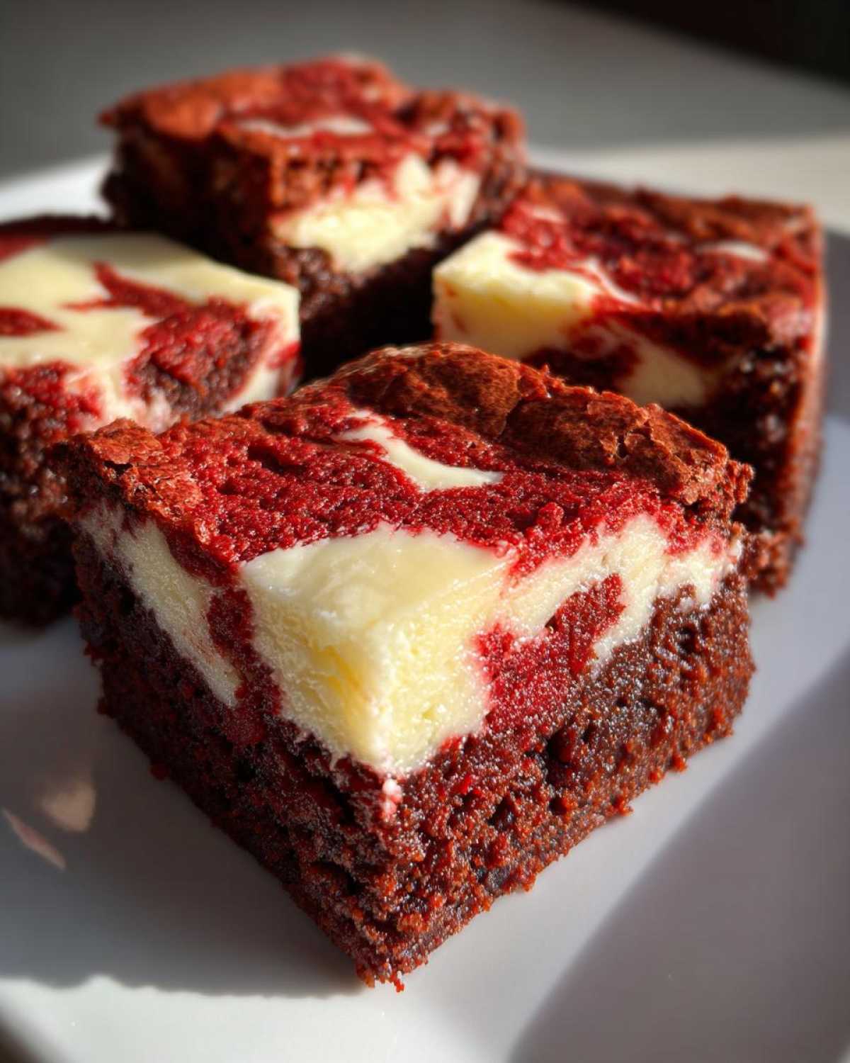Close-up of fudgy red velvet brownies featuring a rich cream cheese swirl topping.