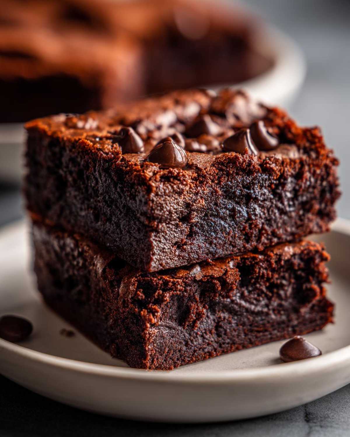 Close-up of two stacked, fudgy sweet potato brownies topped with melted chocolate chips on a light plate.