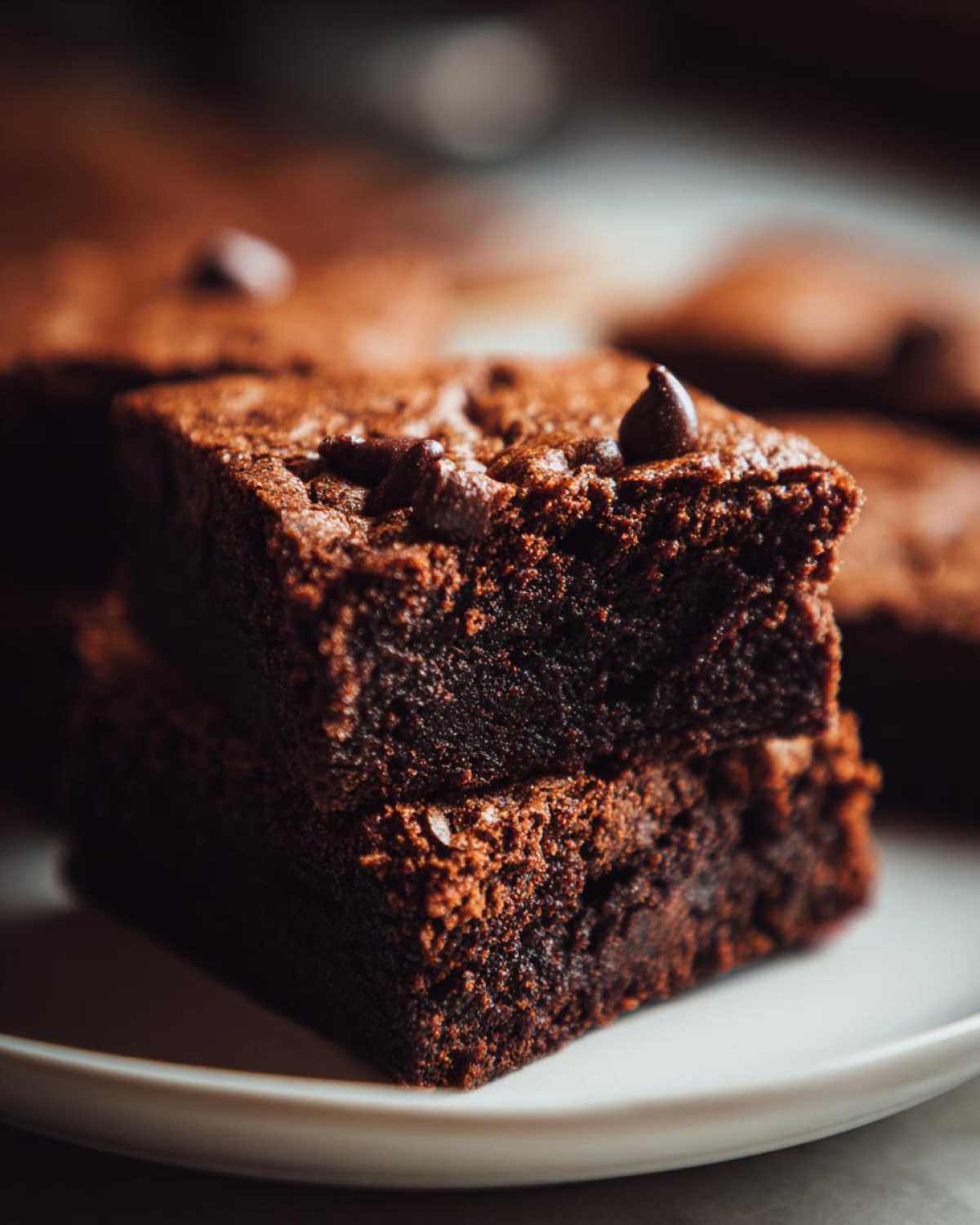 Close-up of two stacked, fudgy sweet potato brownies topped with chocolate chips on a white plate.