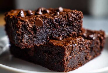 Close-up of two stacked, fudgy sweet potato brownies topped with melted chocolate chips on a white plate.