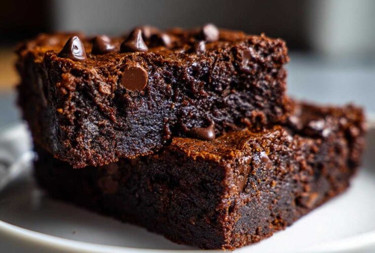 Close-up of two stacked, fudgy sweet potato brownies topped with melted chocolate chips on a white plate.