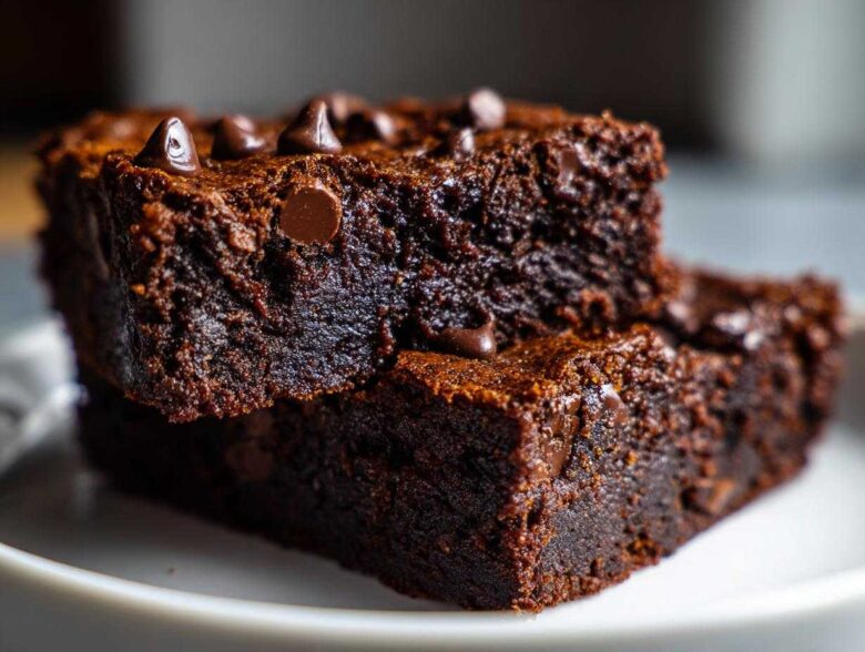 Close-up of two stacked, fudgy sweet potato brownies topped with melted chocolate chips on a white plate.