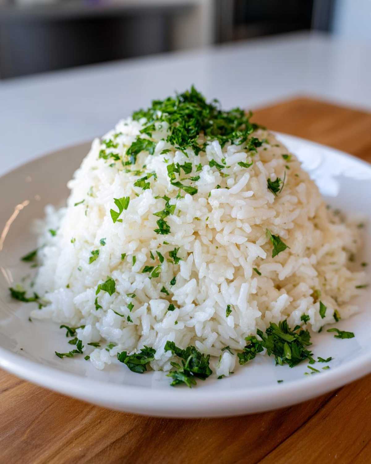 A mound of fluffy white garlic butter rice garnished generously with chopped fresh green parsley on a white plate.