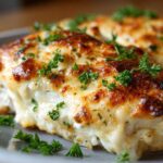 Close-up of a baked chicken breast covered in melted, browned cheese topping for Garlic parmesan chicken bake.