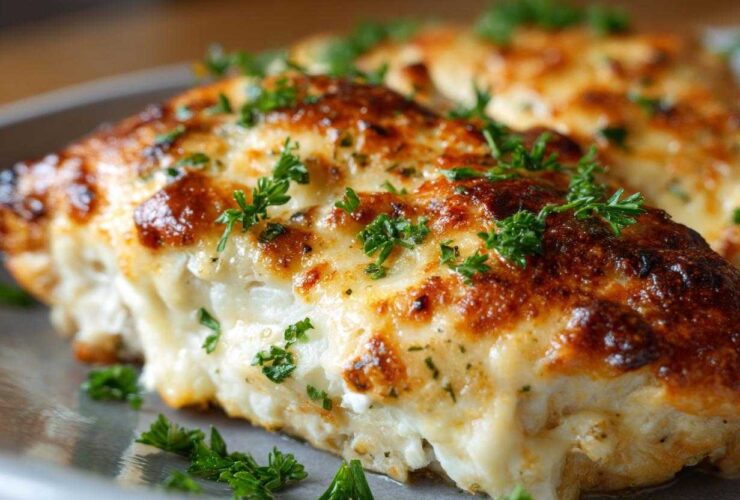 Close-up of a baked chicken breast covered in melted, browned cheese topping for Garlic parmesan chicken bake.