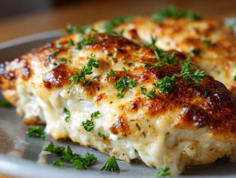 Close-up of a baked chicken breast covered in melted, browned cheese topping for Garlic parmesan chicken bake.
