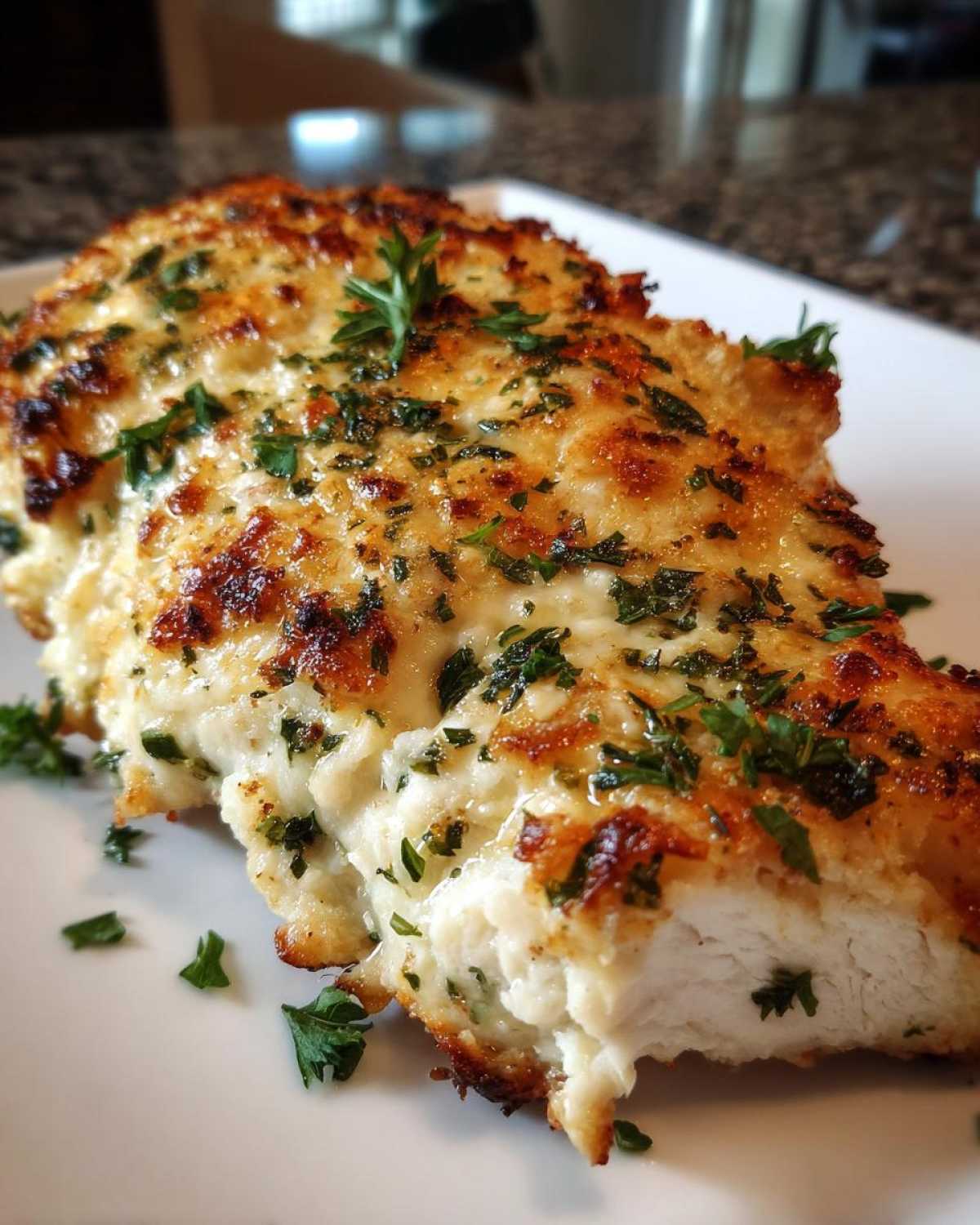 A close-up of a perfectly cooked Garlic parmesan chicken bake, showing a golden-brown, cheesy crust topped with fresh parsley.
