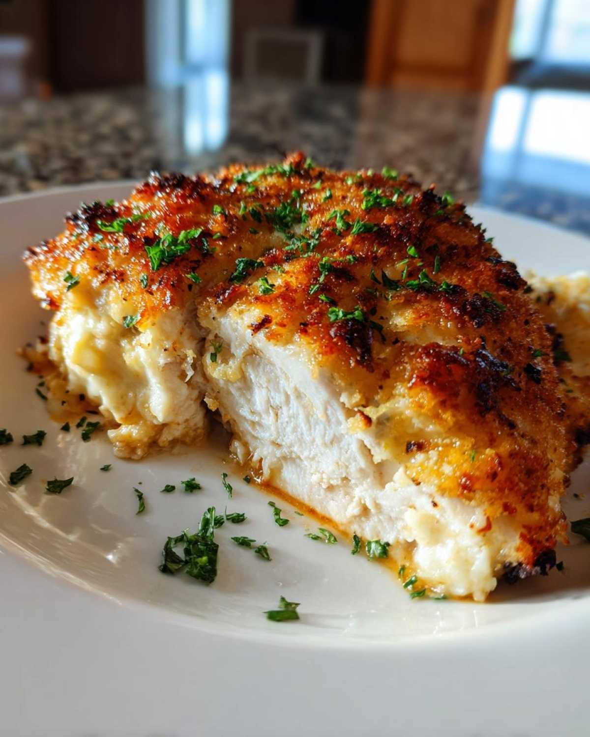 Cross-section of a juicy Garlic parmesan chicken bake with a golden, crispy topping and fresh parsley.