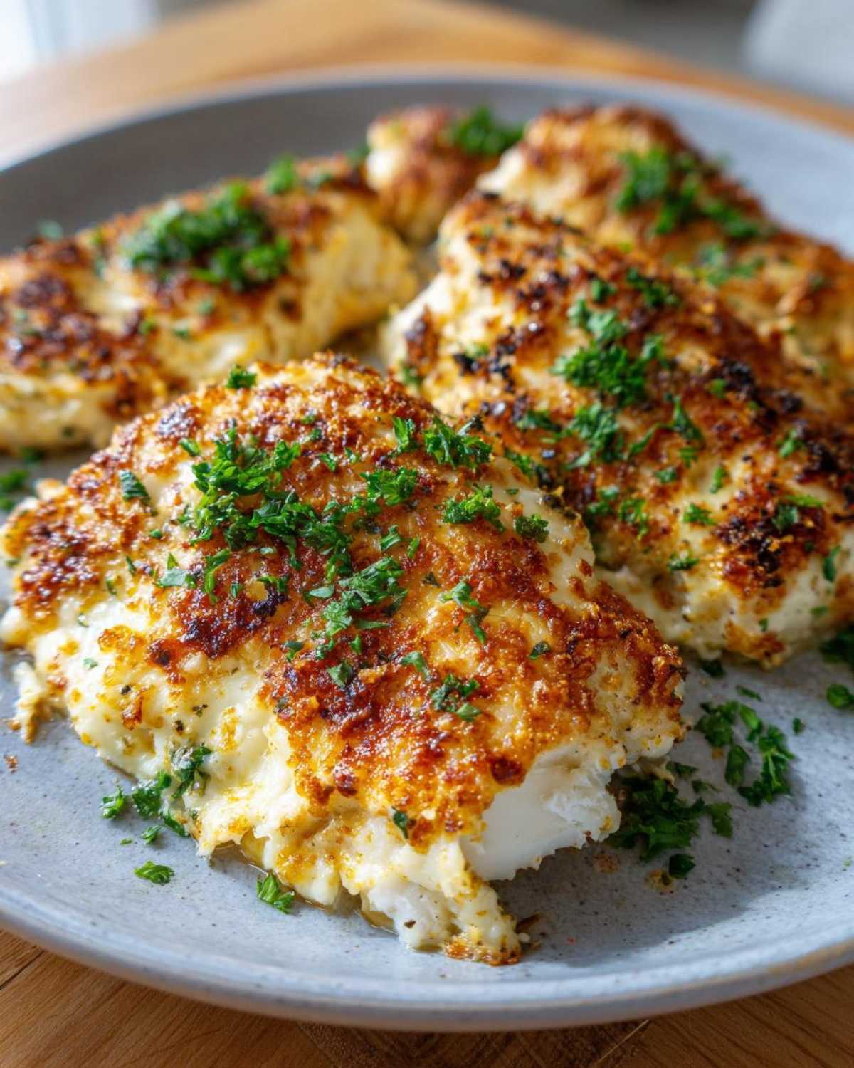 Four portions of golden-brown Garlic parmesan chicken bake topped with fresh parsley on a gray plate.