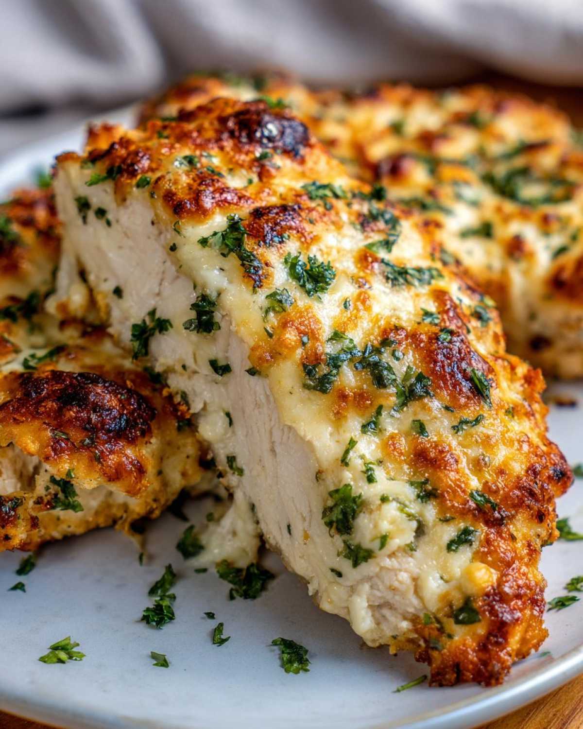 Close-up of a thick slice of Garlic parmesan chicken bake showing juicy white meat and a golden, cheesy topping with parsley.