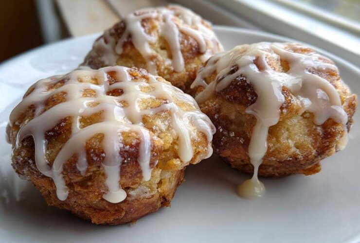 Close-up of three golden brown apple fritter treats drizzled heavily with white vanilla glaze.