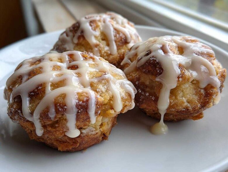Close-up of three golden brown apple fritter treats drizzled heavily with white vanilla glaze.