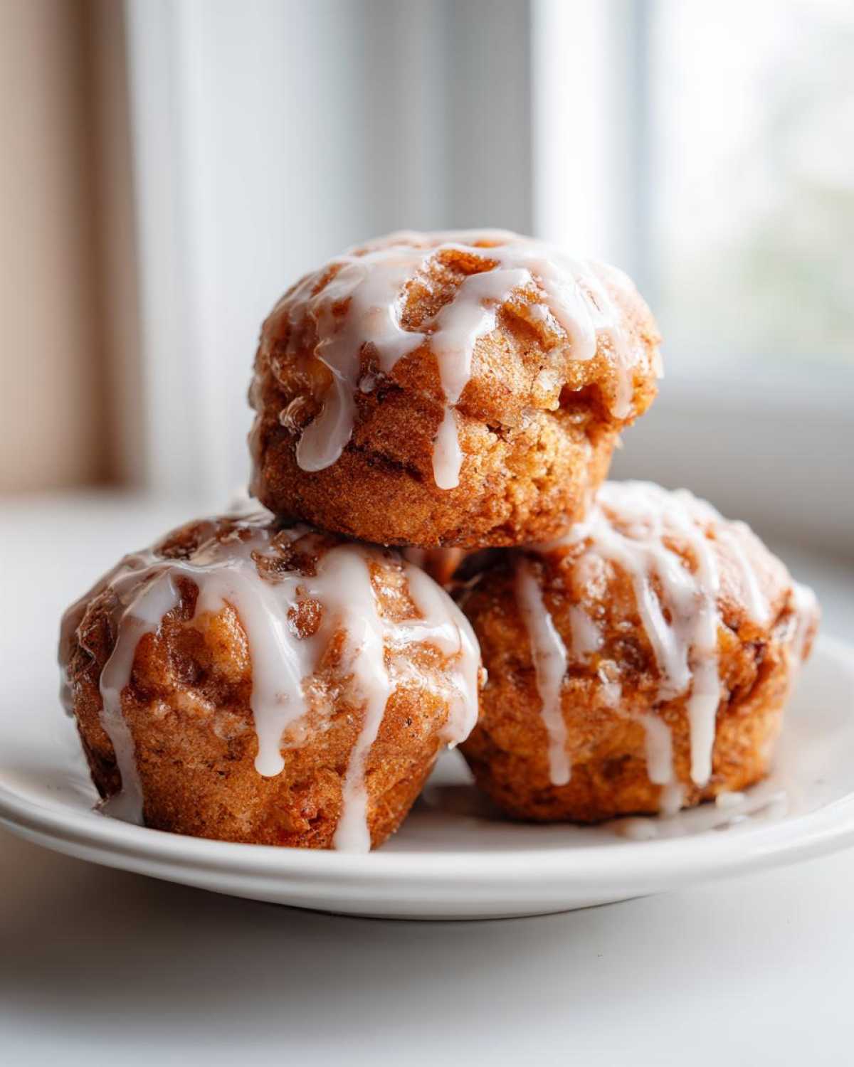 Three golden brown apple fritter muffins stacked on a white plate, drizzled with white glaze.