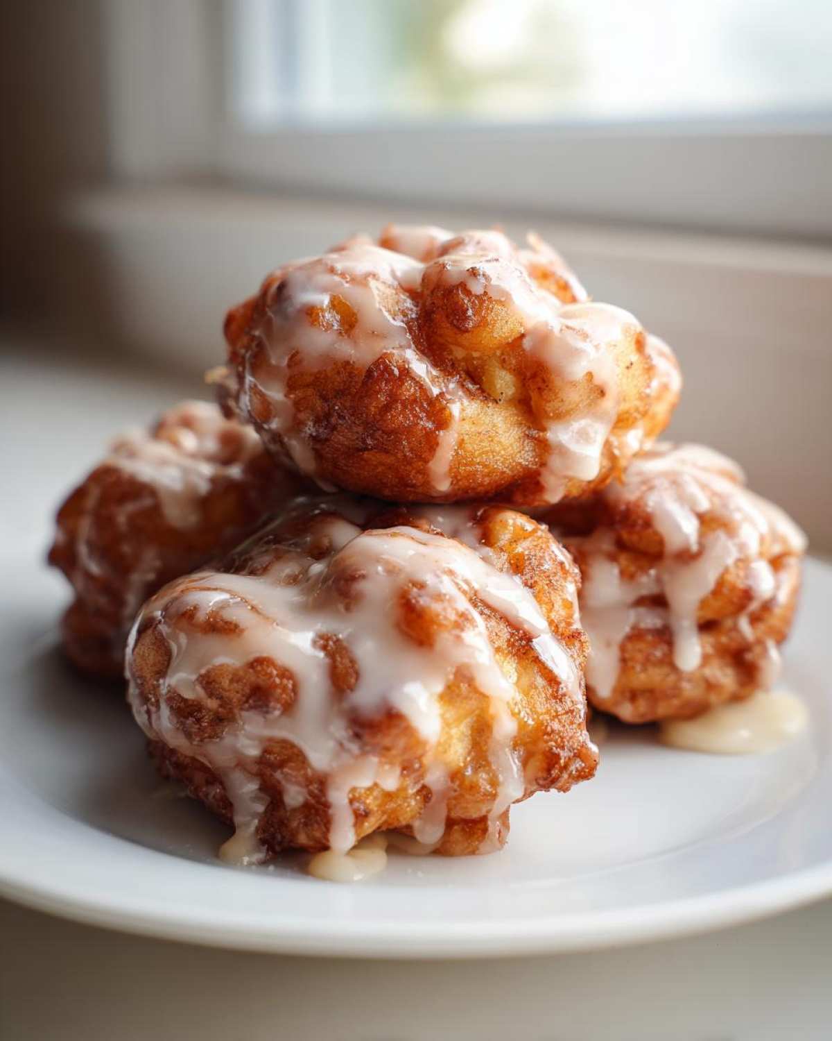 A stack of four golden brown, freshly fried apple fritter treats drizzled heavily with white glaze.