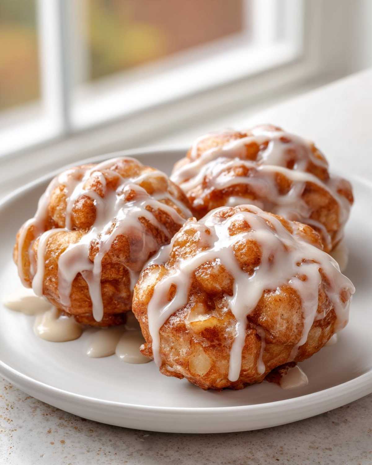 Three golden-brown apple fritter treats drizzled heavily with white glaze, resting on a white plate.