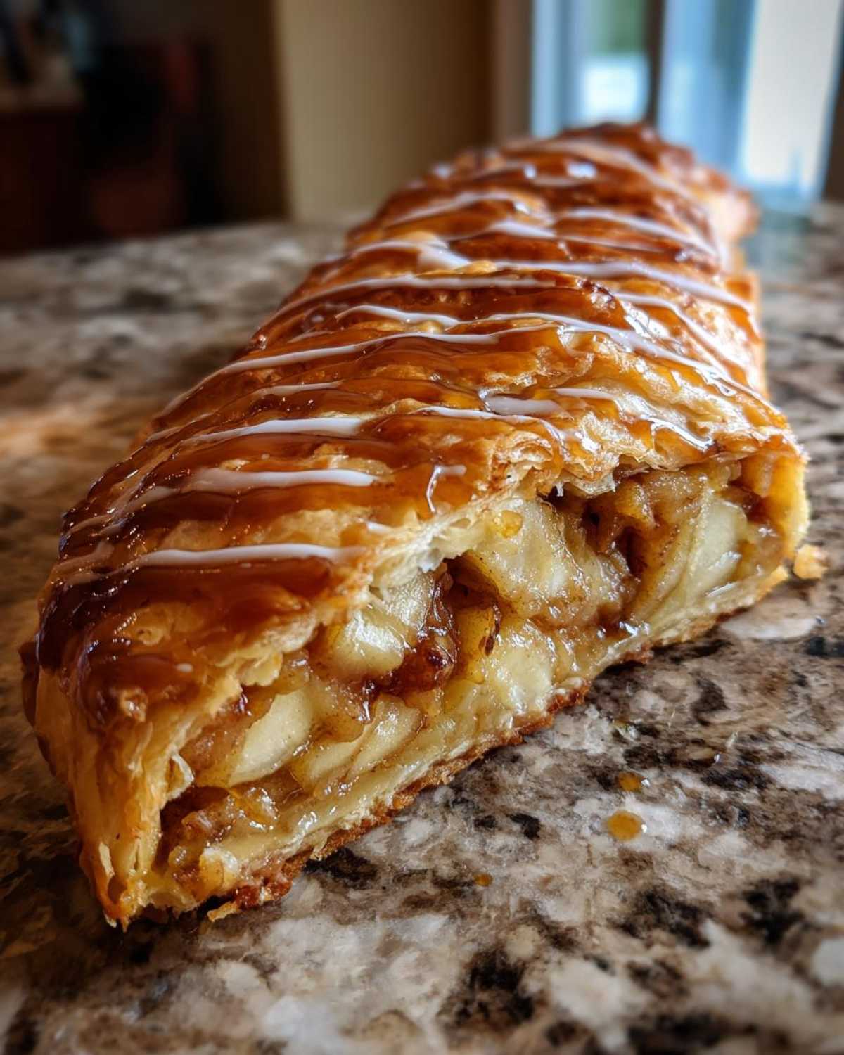 A close-up, angled view of a freshly baked apple strudel, showing flaky pastry, warm apple filling, and a drizzle of white icing.