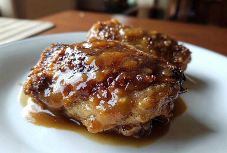 Close-up of two succulent, glazed braised chicken thighs resting in their sauce on a white plate.