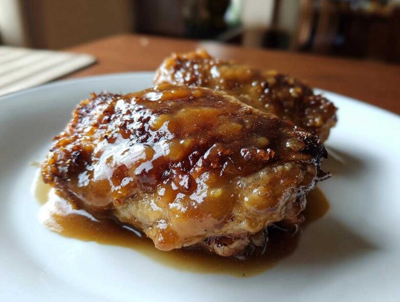 Close-up of two succulent, glazed braised chicken thighs resting in their sauce on a white plate.