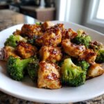 Close-up of glazed chicken and broccoli pieces served on a white plate, highlighting the rich sauce.