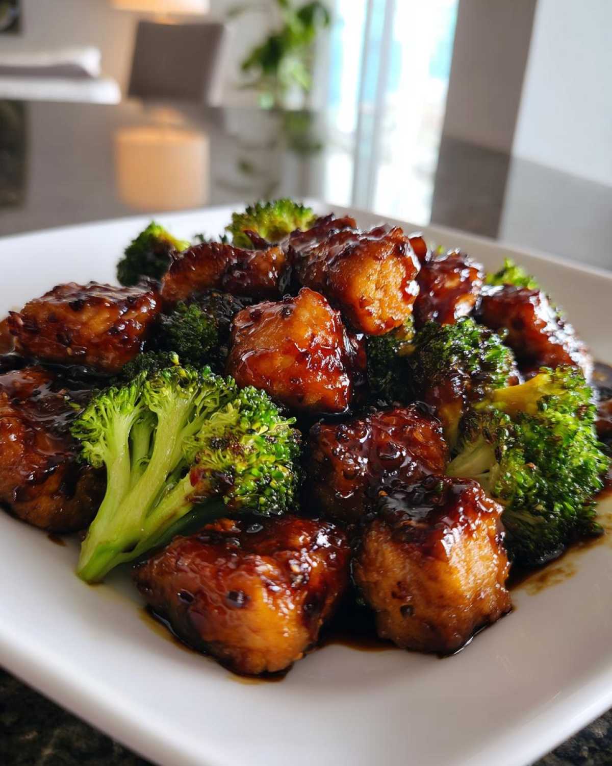 Close-up of glazed chicken and broccoli pieces coated in a rich, dark sauce on a white plate.