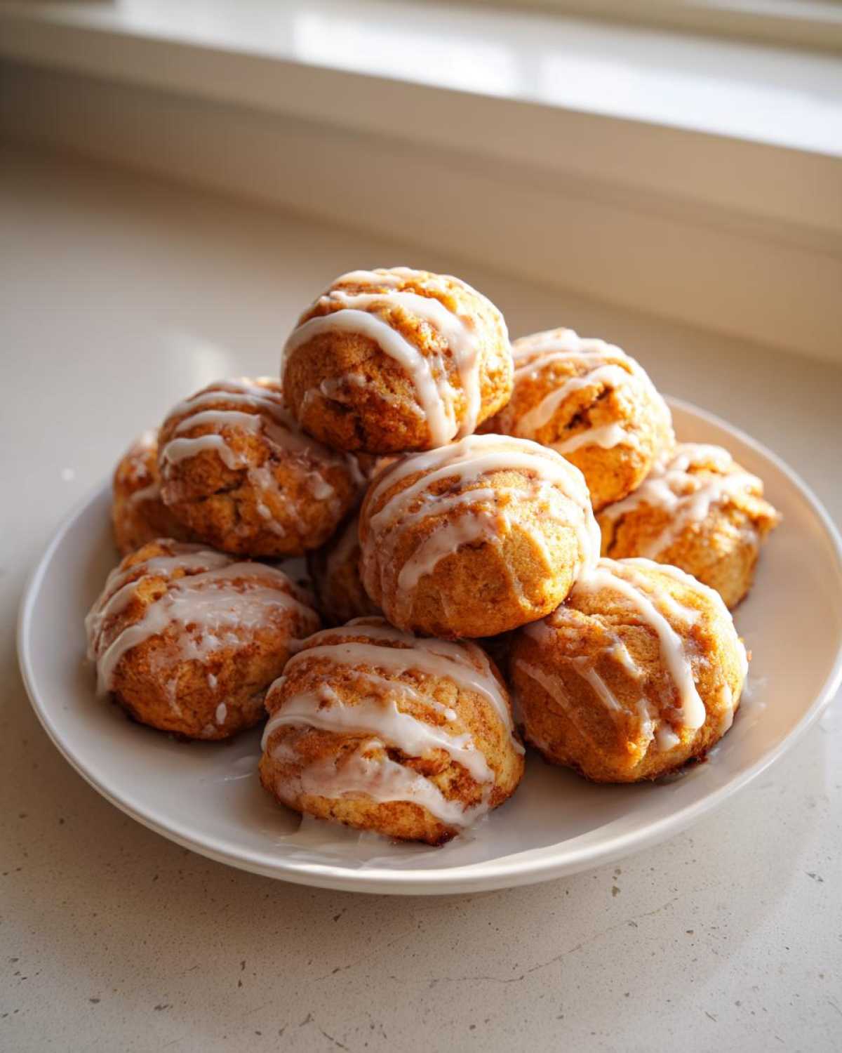 A pile of golden brown cinnamon roll bites drizzled with white icing, served on a white plate.