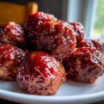 A close-up shot of several glossy, dark red cranberry meatballs piled on a white plate.