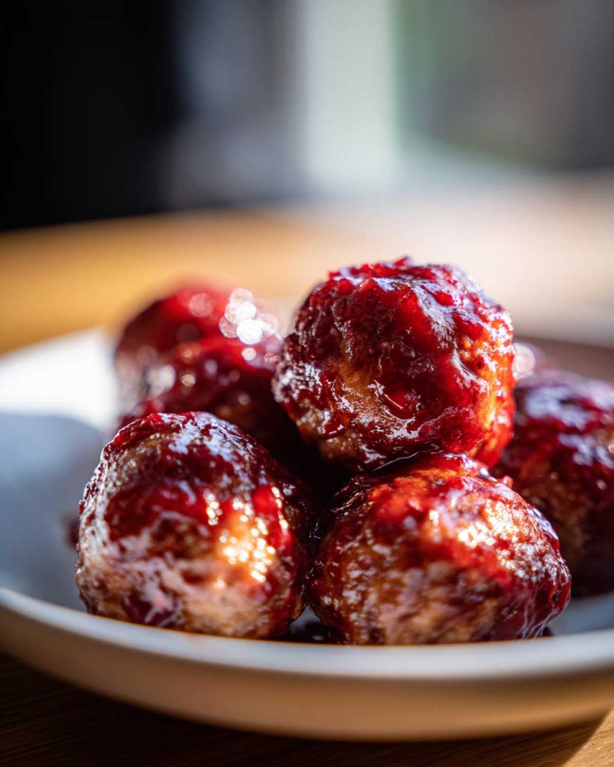 Close-up of several glossy cranberry meatballs coated in a rich, dark red sauce, served in a white bowl.